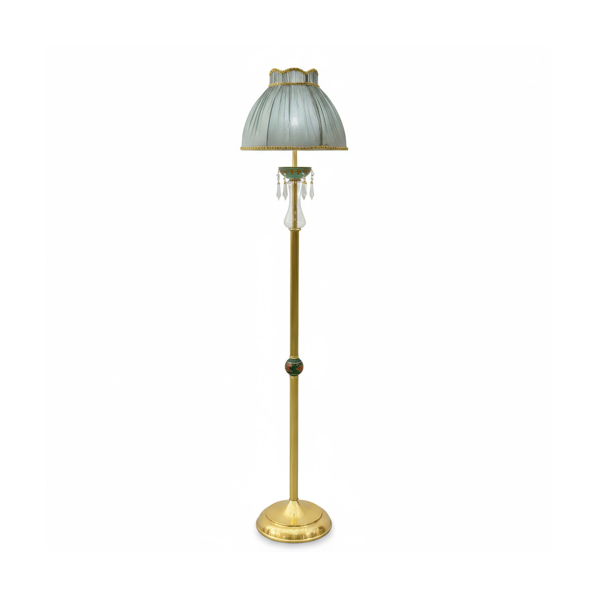 Waterford Floor Lamp with a green fabric shade and brass body.