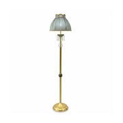 Waterford Floor Lamp with a green fabric shade and brass body.