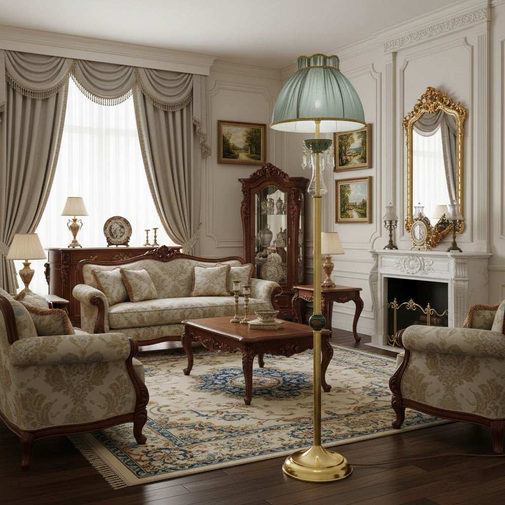 The Waterford Floor Lamp illuminated, casting a warm and inviting glow.