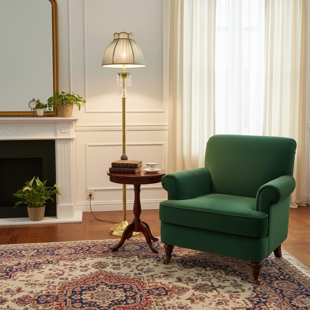 Close-up of the verdant green fabric shade on the Waterford Floor Lamp.