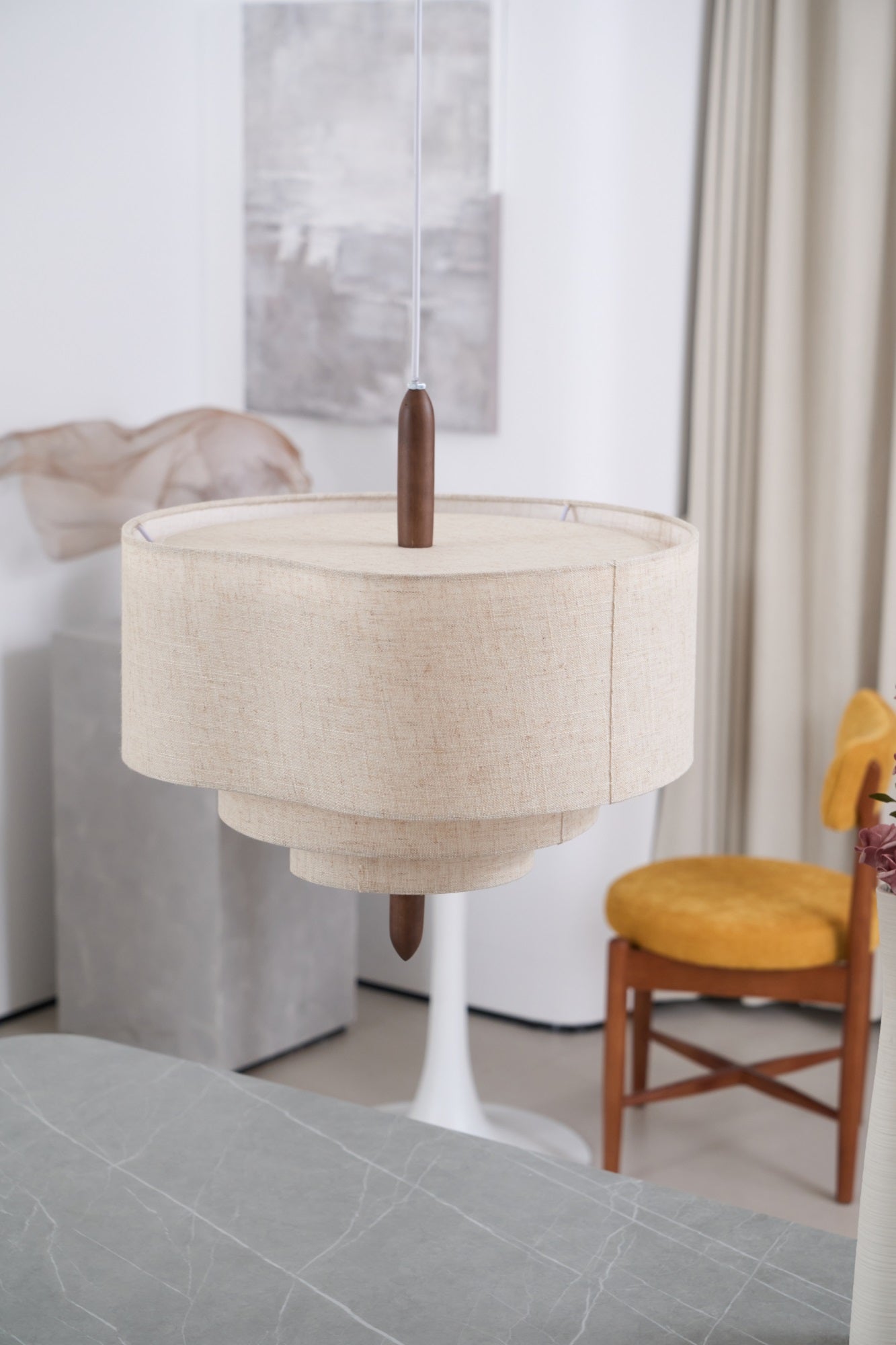 Salemu Elegance Wave Ladder Wood Fabric Pendant Lamp-Neutral Decor