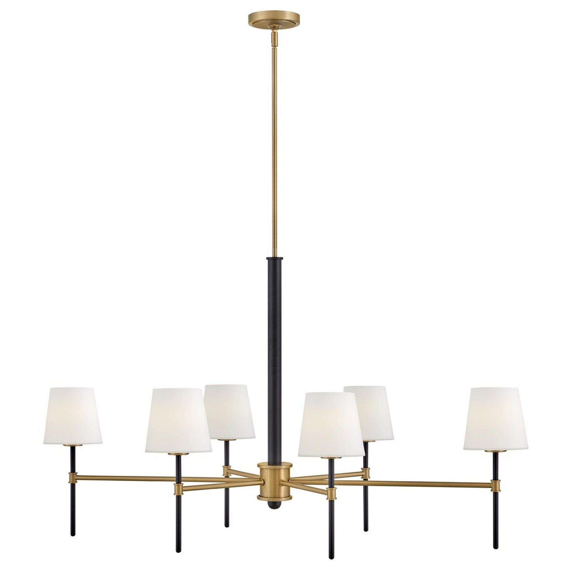Close-up view of the Welwyn Island Chandelier's handblown glass shade and brass arm.