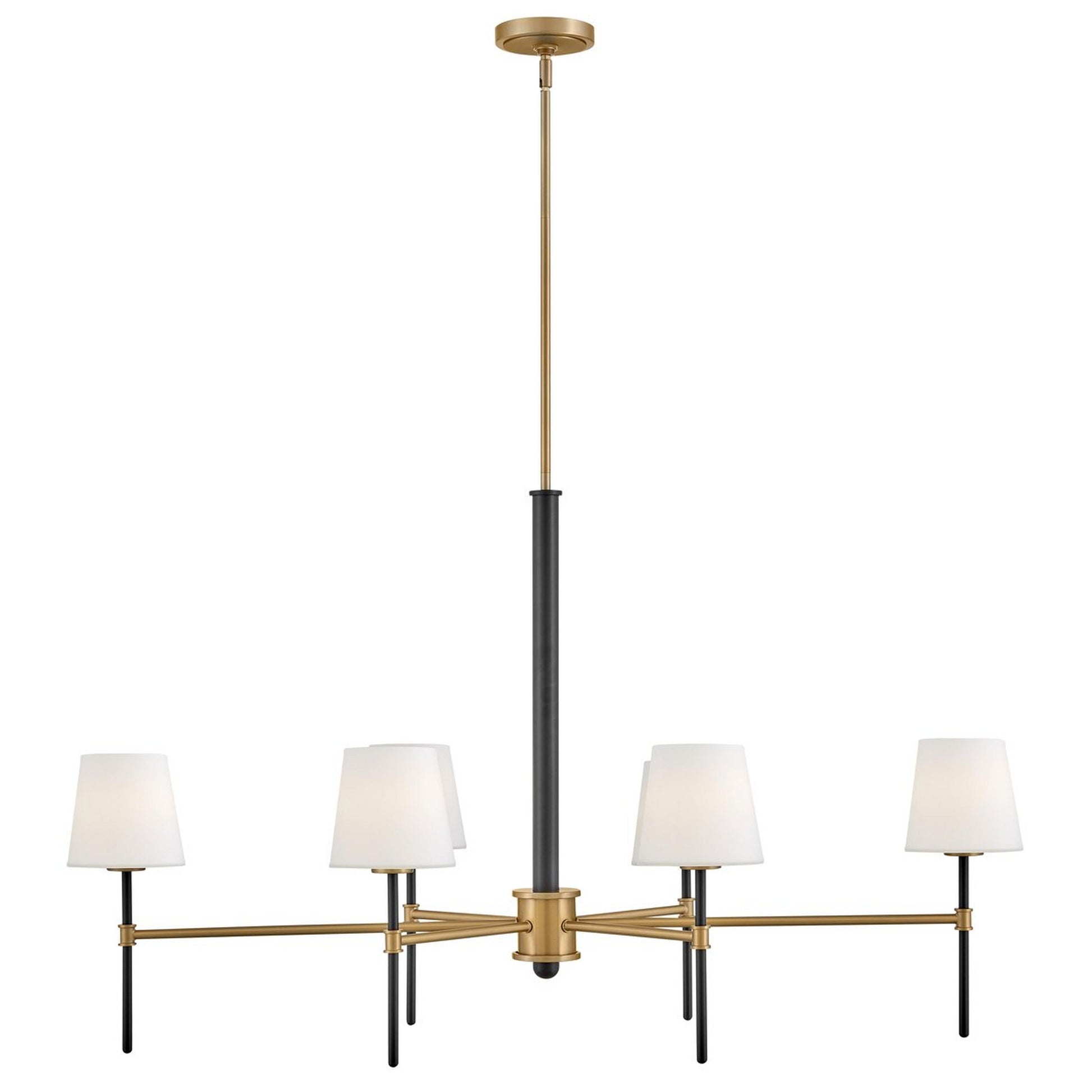 The Welwyn Island Chandelier installed over a modern kitchen island.