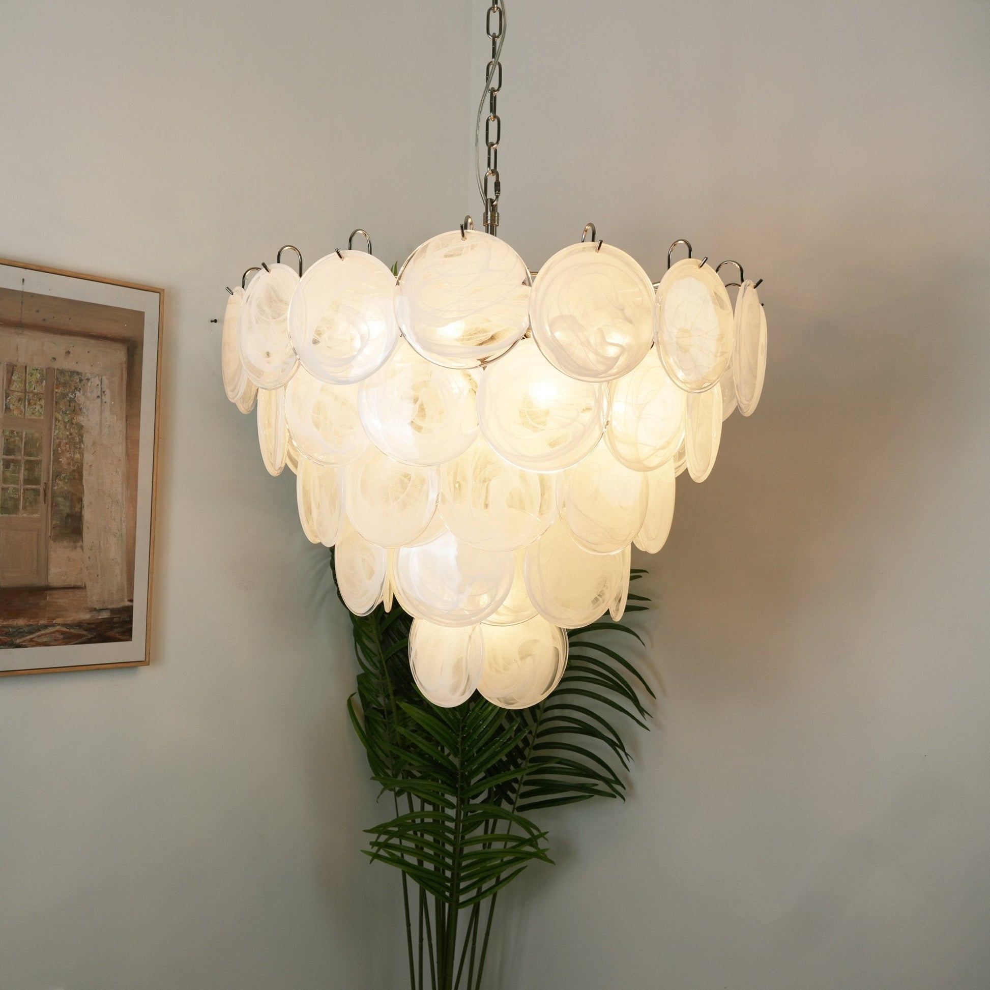Aurora Chandelier White Murano Glass Disc Contemporary-Neutral Decor