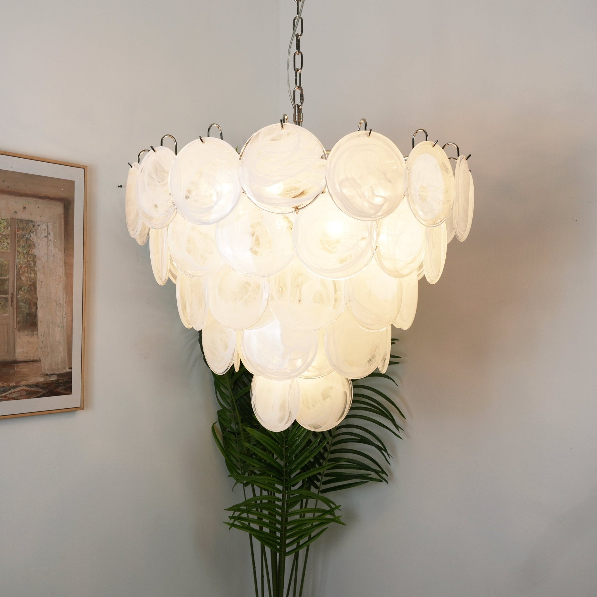 Aurora Chandelier White Murano Glass Disc Contemporary-Neutral Decor