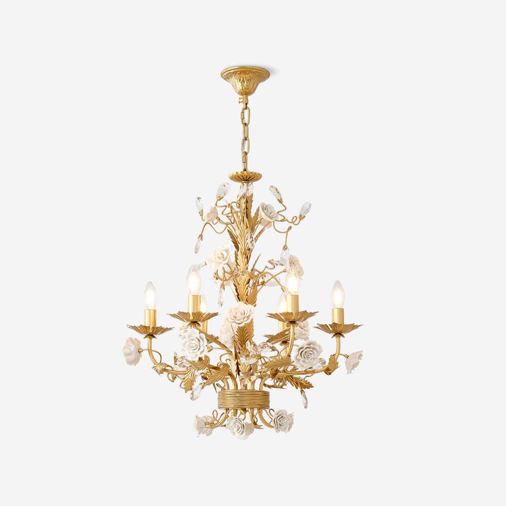 Chandelier Ornate Metal Frame Porcelain Roses Crystal Classic Luxury