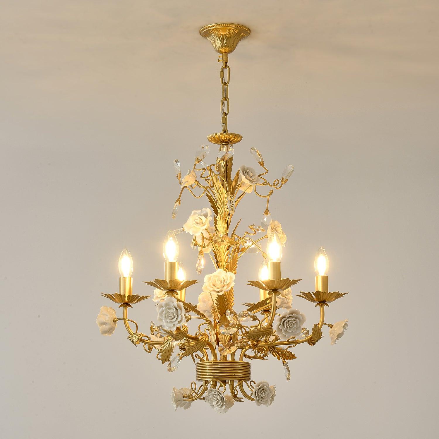 Chandelier Ornate Metal Frame Porcelain Roses Crystal Classic Luxury