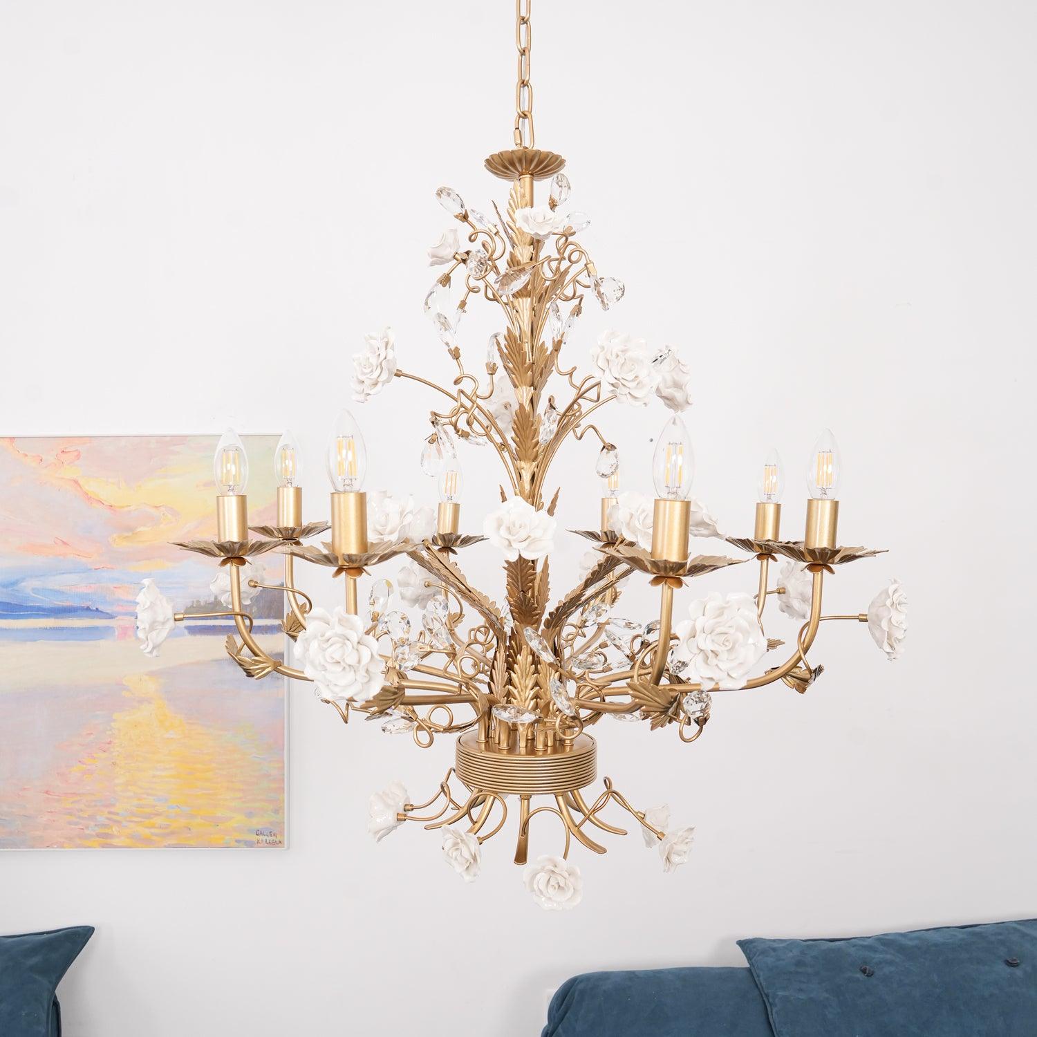 Chandelier Ornate Metal Frame Porcelain Roses Crystal Classic Luxury