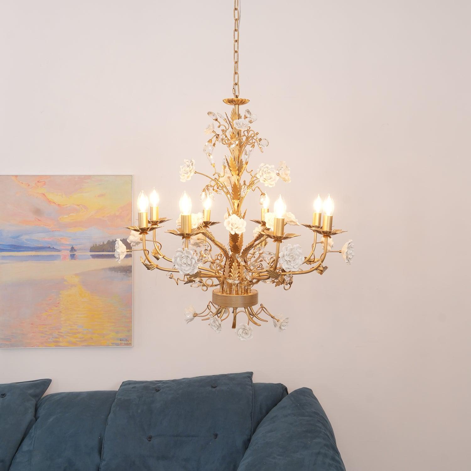 Chandelier Ornate Metal Frame Porcelain Roses Crystal Classic Luxury