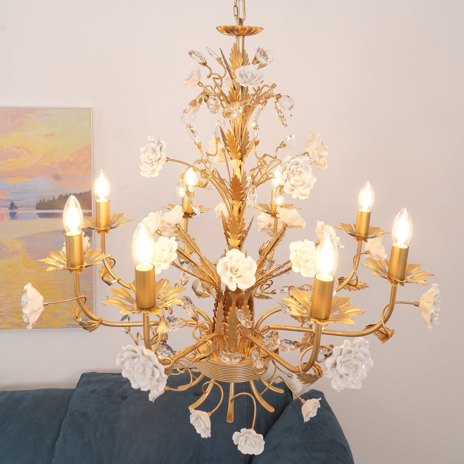 Chandelier Ornate Metal Frame Porcelain Roses Crystal Classic Luxury