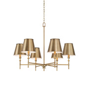 Front view of the Whitney Brass Chandelier with white lampshades.