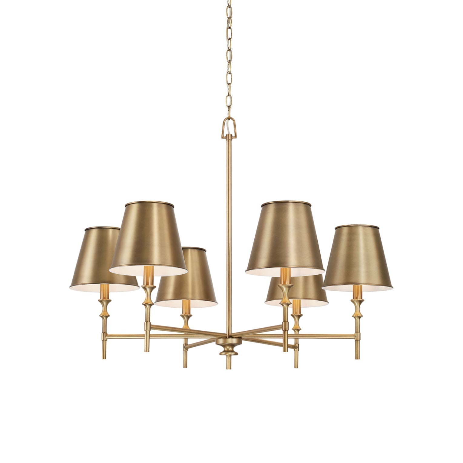 Front view of the Whitney Brass Chandelier with white lampshades.
