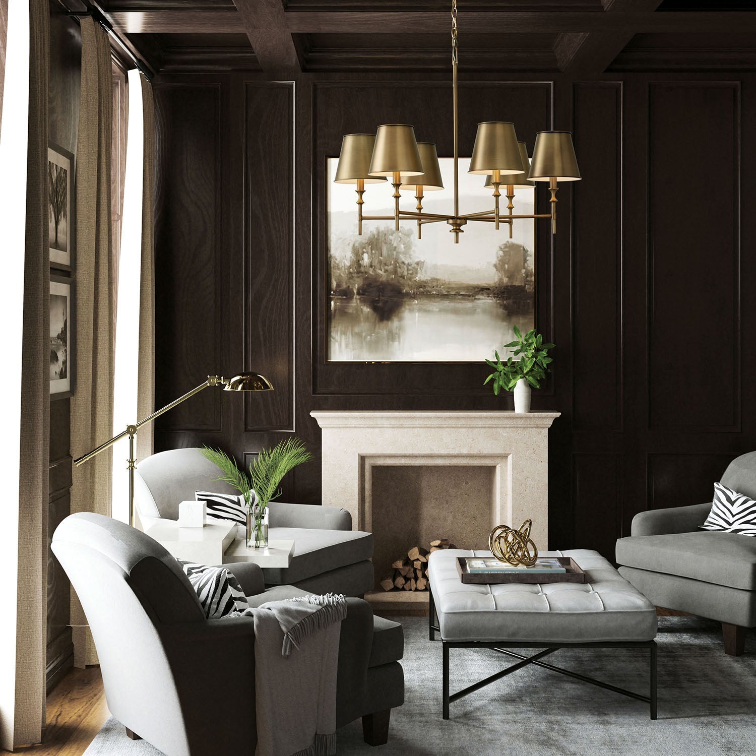 Angled view of the Whitney Brass Chandelier showcasing its elegant form.