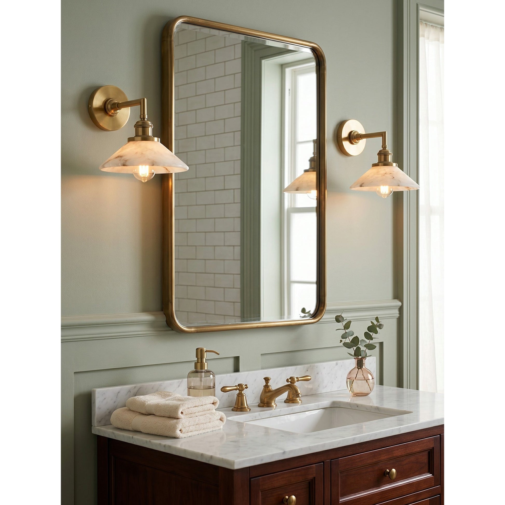 Lifestyle image of the sconce in a hallway.