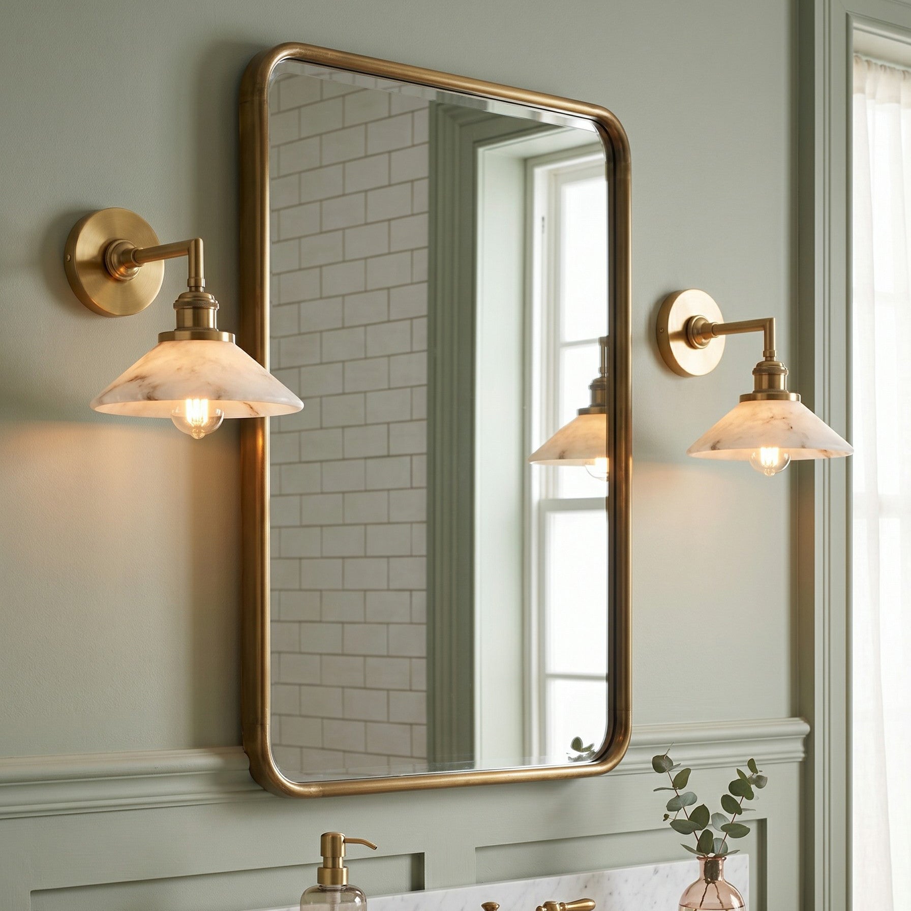 Side view of the Whizzer Alabaster Wall Sconce showing the brass arm and alabaster shade.