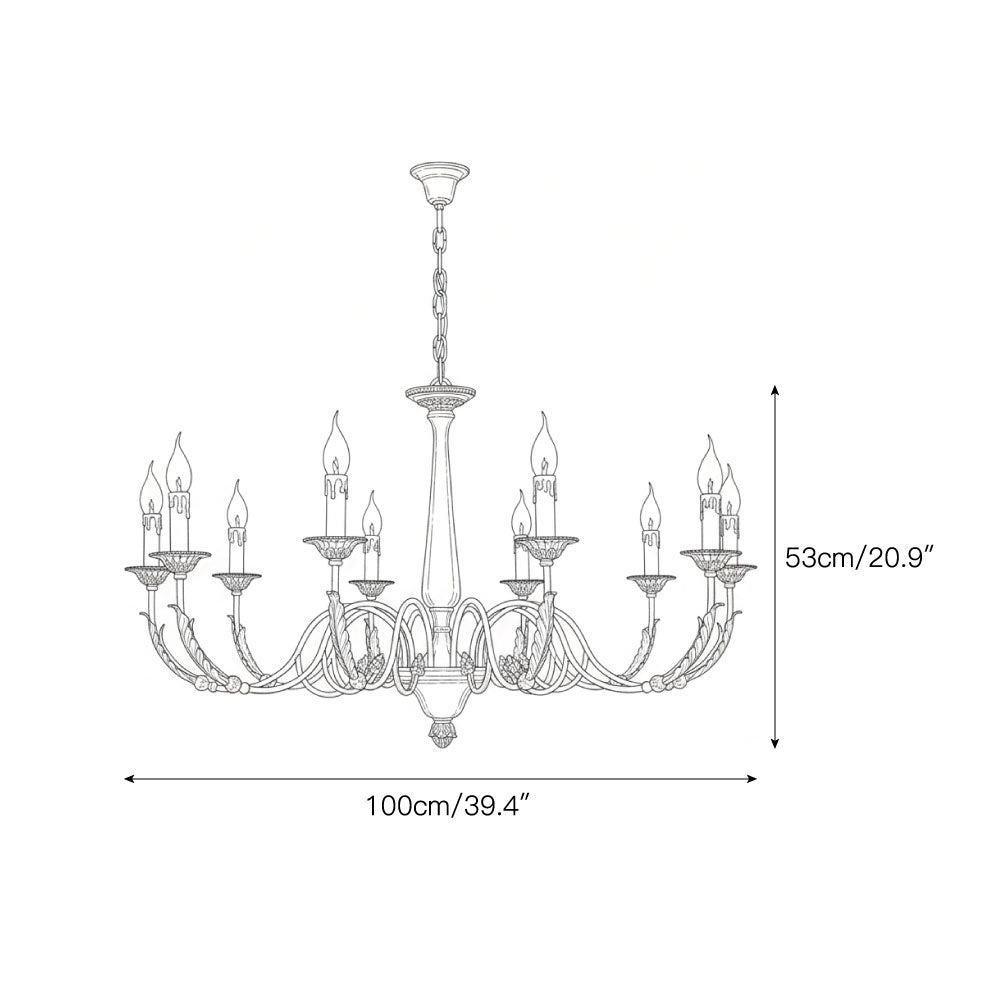 The brass chandelier illuminating a formal dining area.