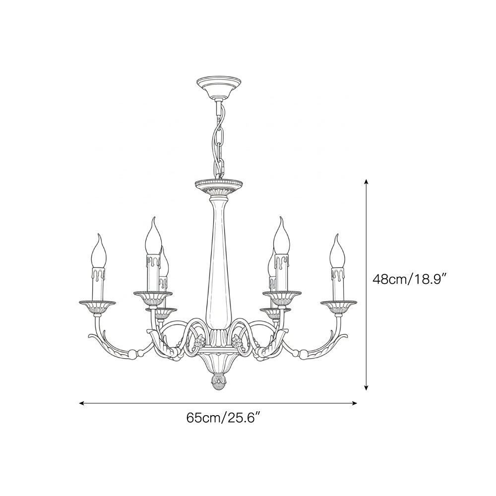 Close-up of the candle-style light holders on the brass chandelier.