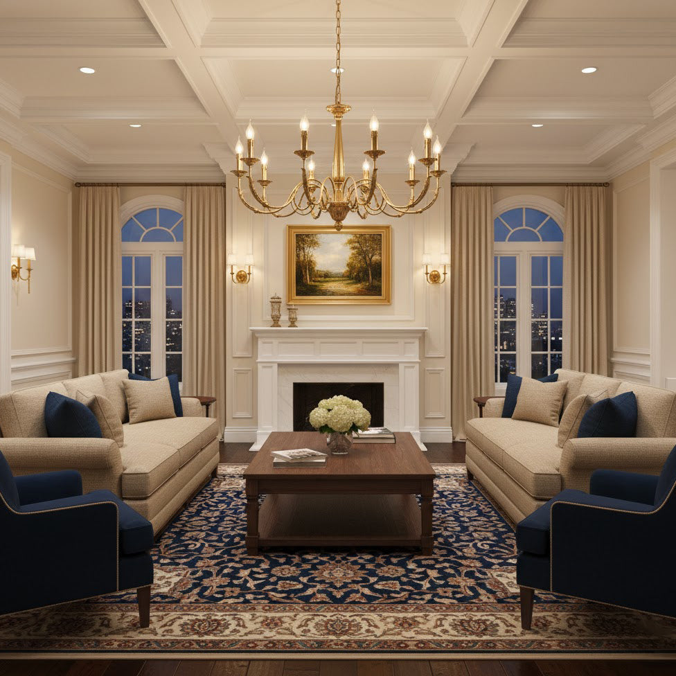 The 6-head version of the Winchester Brass Chandelier, suitable for medium-sized rooms.