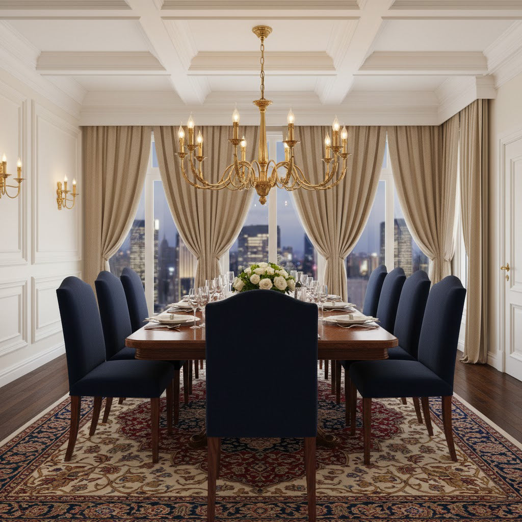 Winchester Brass Chandelier shown from below, displaying its symmetrical design.