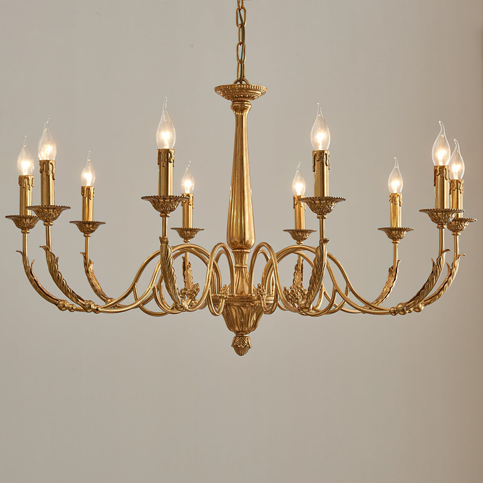 Winchester Brass Chandelier shown from below, displaying its symmetrical design.