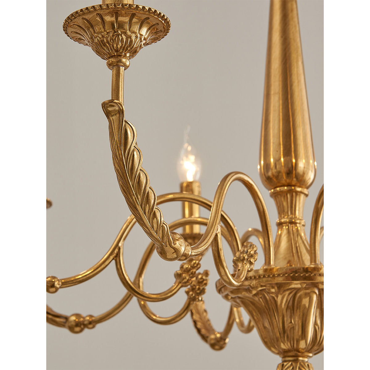The 8-head version of the Winchester Brass Chandelier, providing ample light.