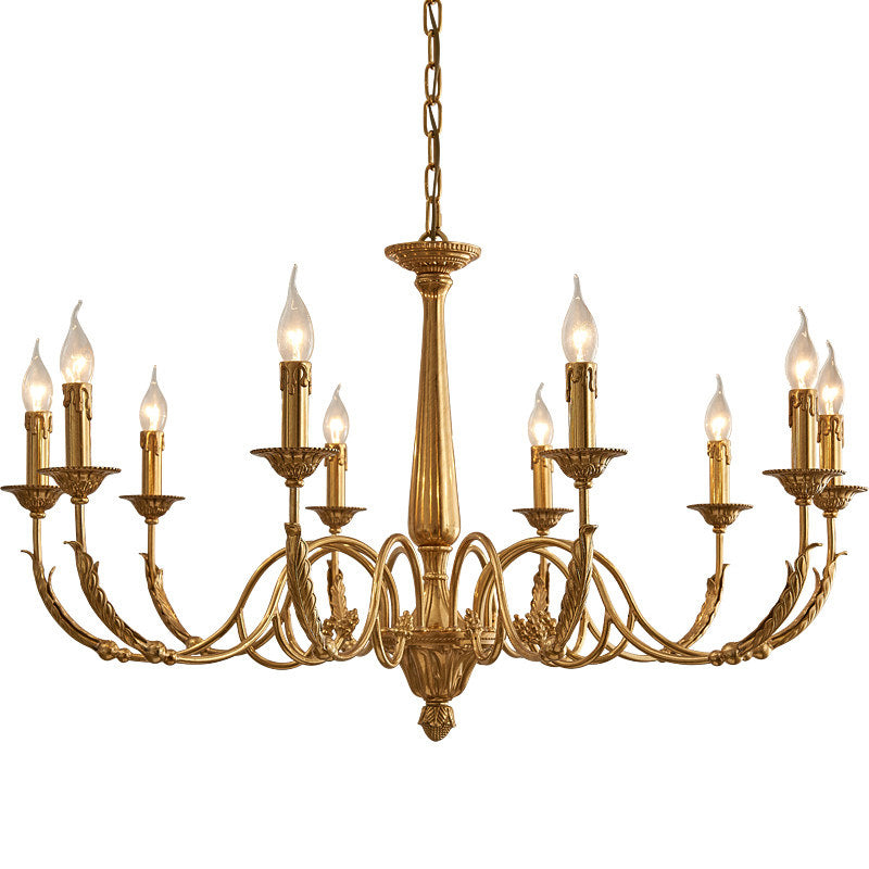 Detail shot of the high-quality brass body and arms of the chandelier.