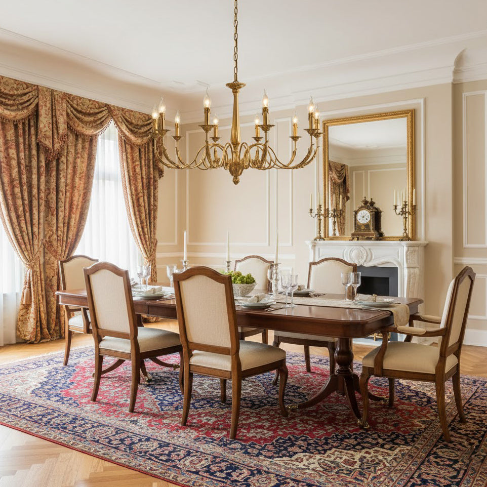 The warm glow from the Winchester Brass Chandelier in a dimly lit room.