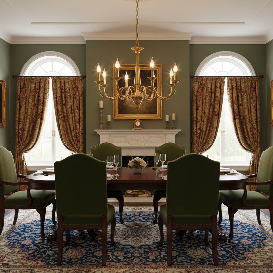 The chandelier's hanging chain and canopy in a matching brass finish.