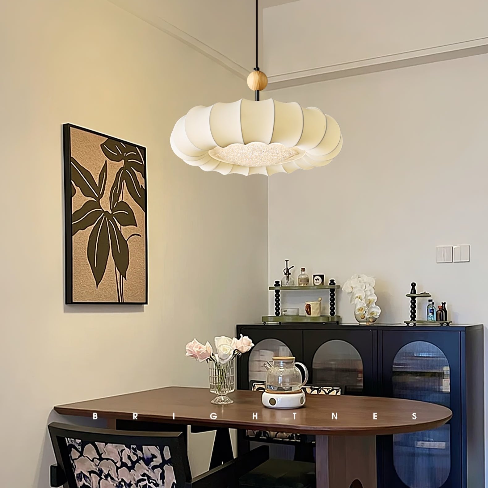 Embers Traditional Natural Veil Wood Fabric Pendant Light-Neutral Decor