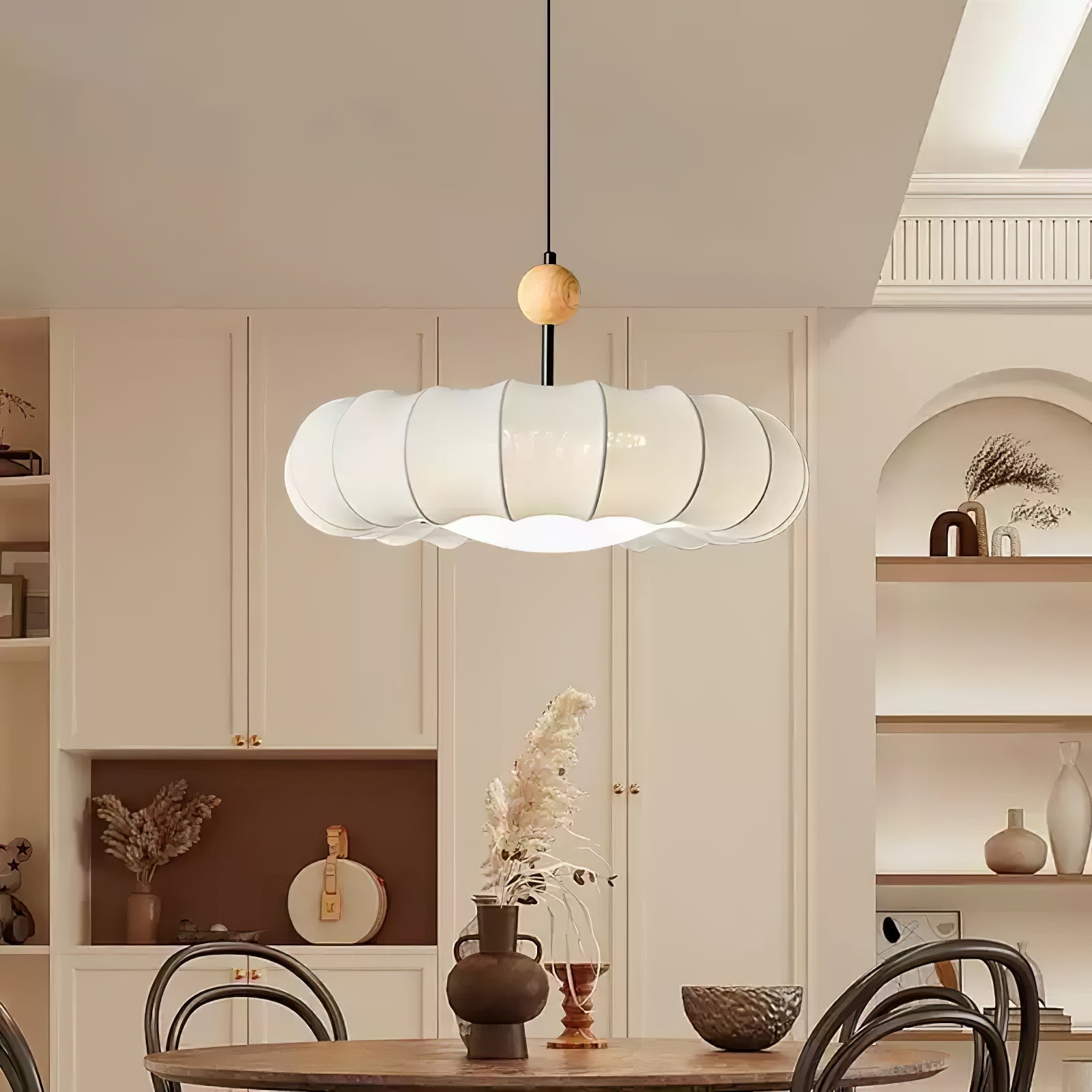 Embers Traditional Natural Veil Wood Fabric Pendant Light-Neutral Decor