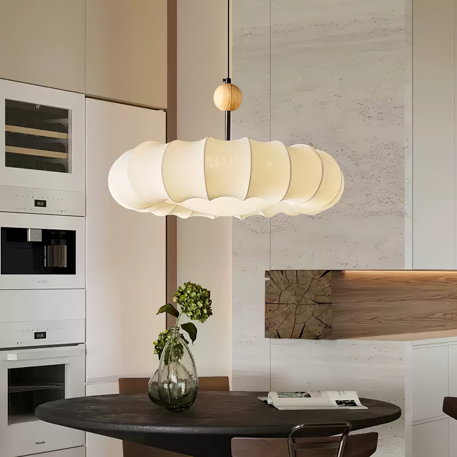 Embers Traditional Natural Veil Wood Fabric Pendant Light-Neutral Decor