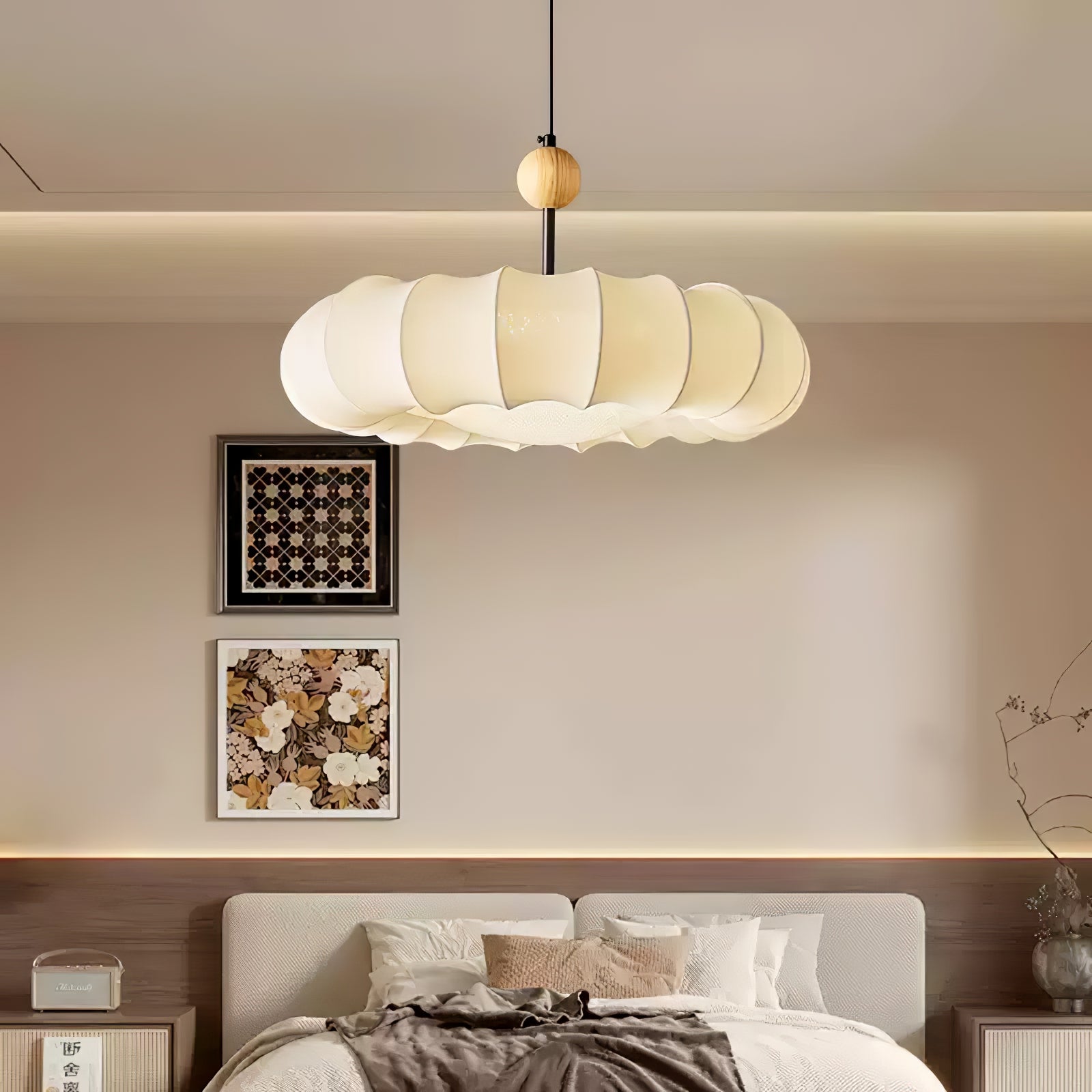 Embers Traditional Natural Veil Wood Fabric Pendant Light-Neutral Decor