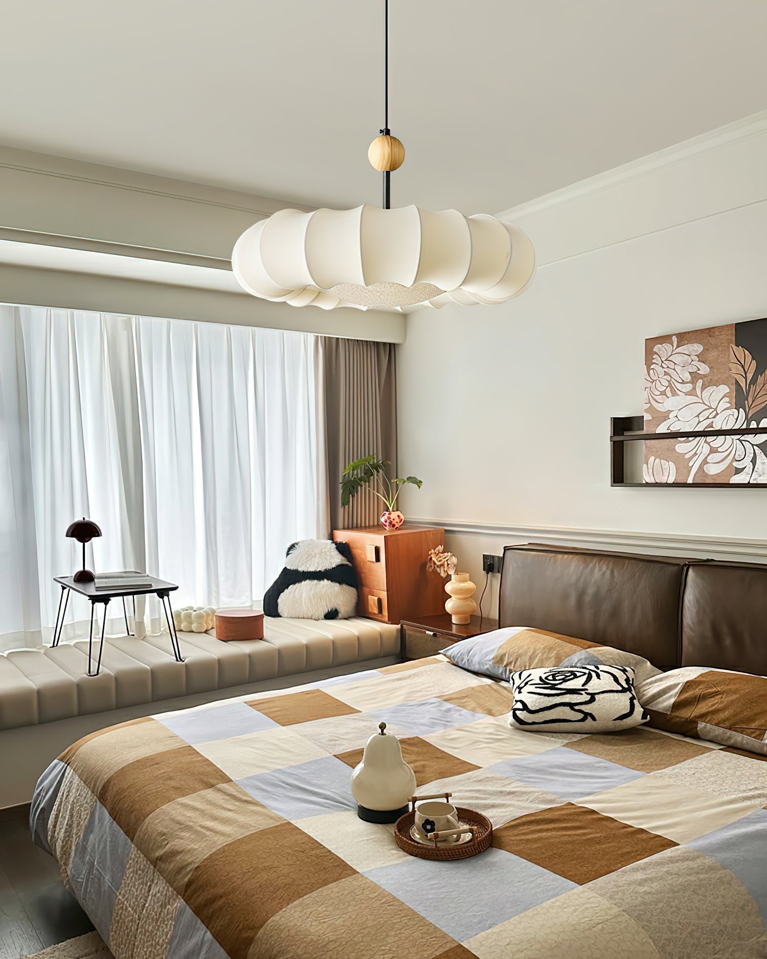 Embers Traditional Natural Veil Wood Fabric Pendant Light-Neutral Decor