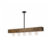 Wood-beam island chandelier hanging over a kitchen island.
