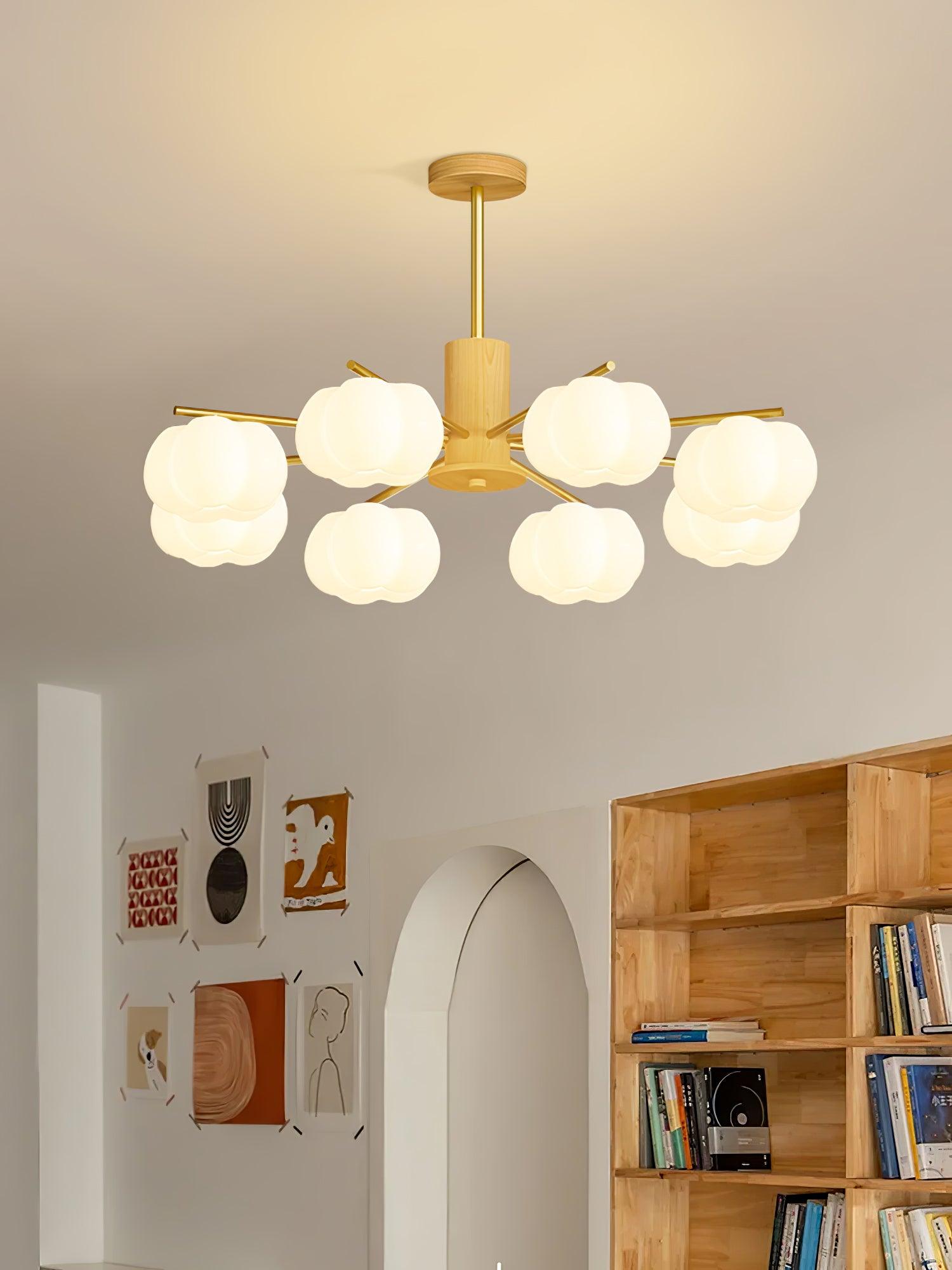 Lustra Chandelier Wooden Cotton Balls Gold PE-Neutral Decor