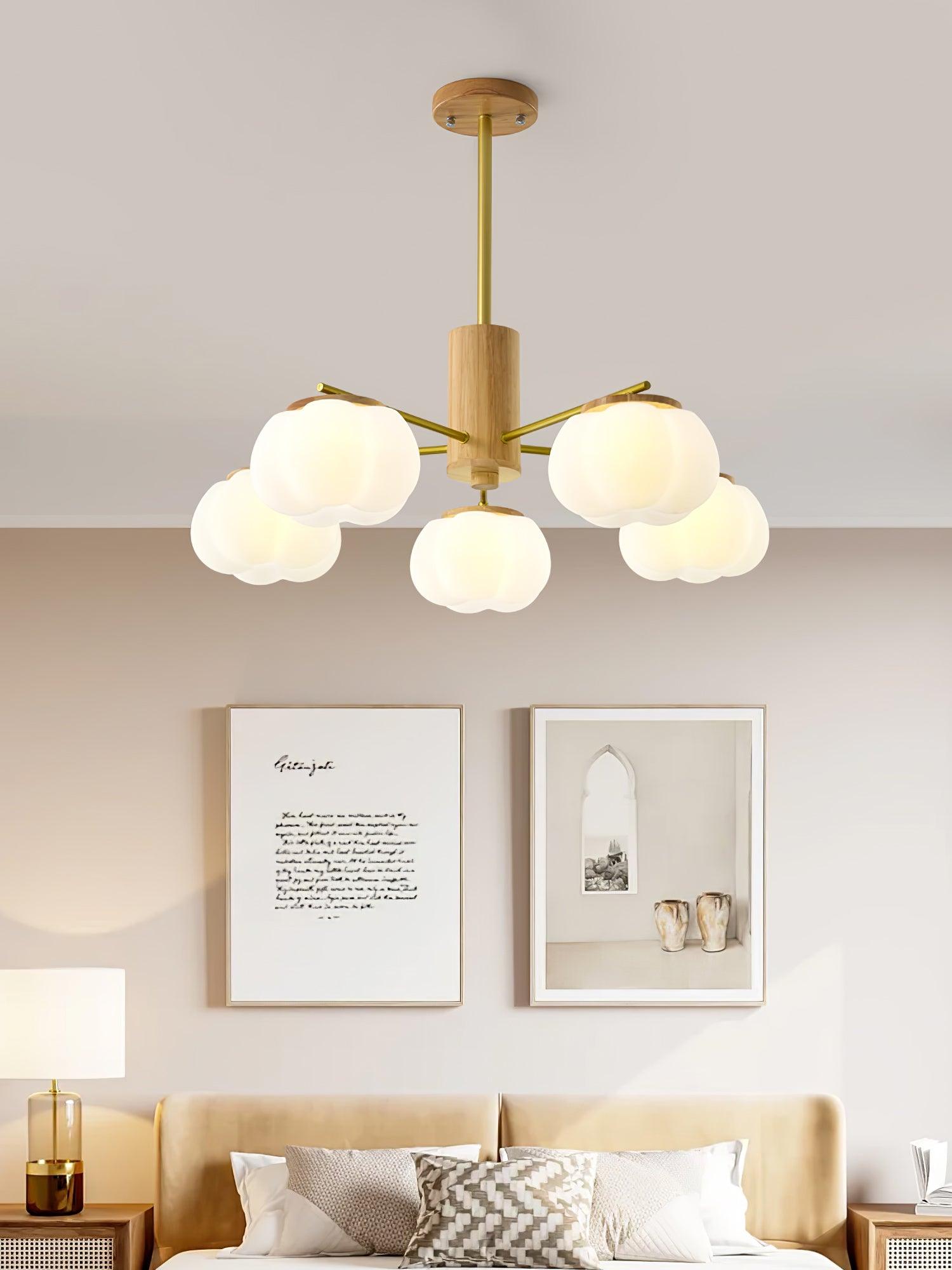 Lustra Chandelier Wooden Cotton Balls Gold PE-Neutral Decor