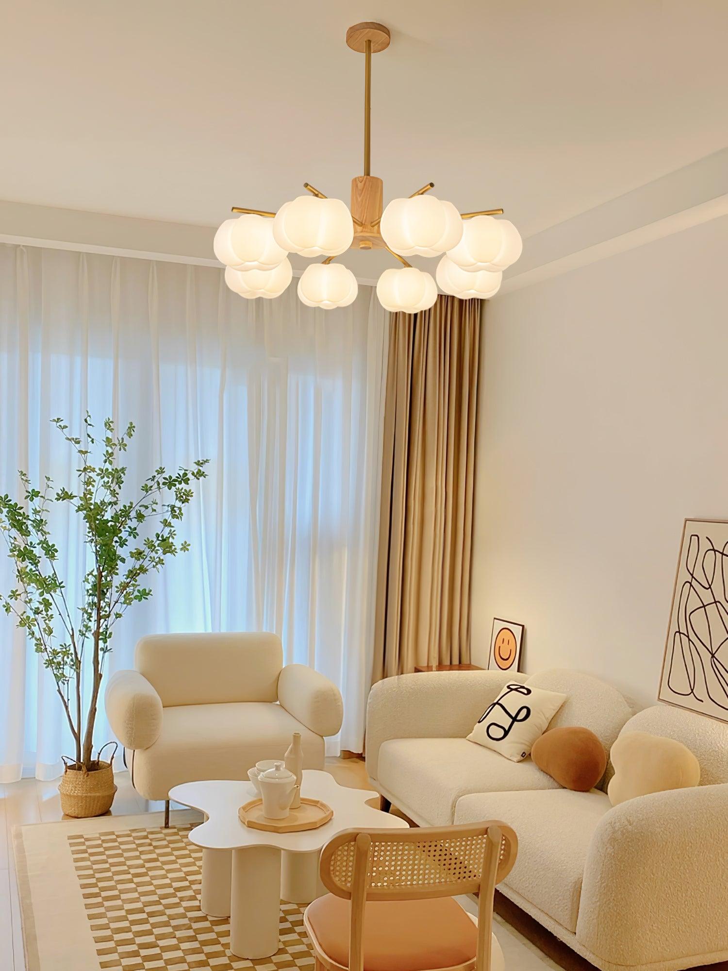 Lustra Chandelier Wooden Cotton Balls Gold PE-Neutral Decor