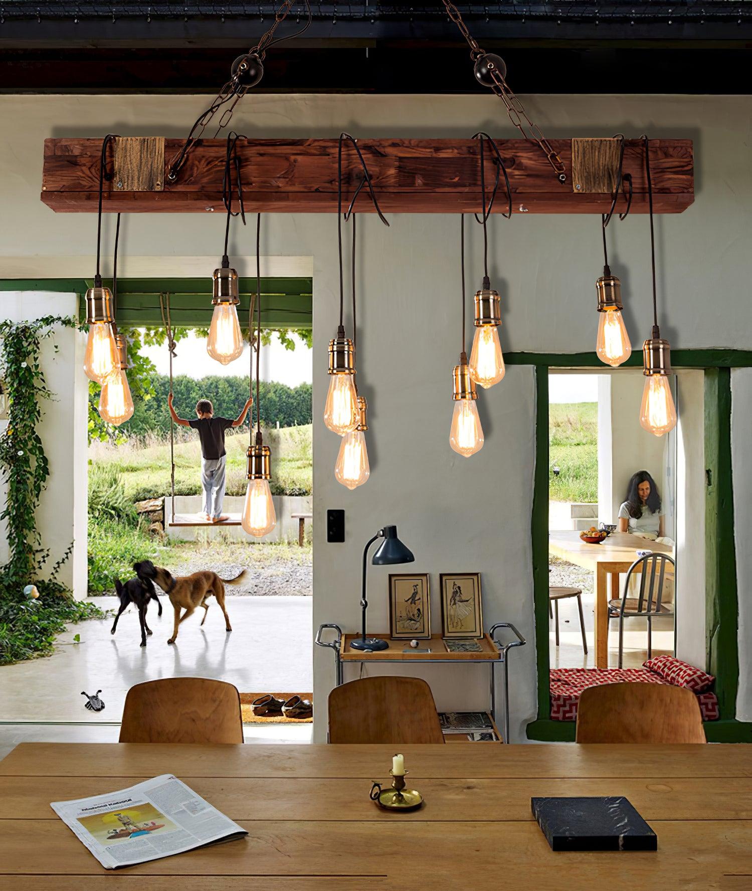 Wexb Chandelier Wooden Beam Edison Bulb Rustic Farmhouse-Neutral Decor