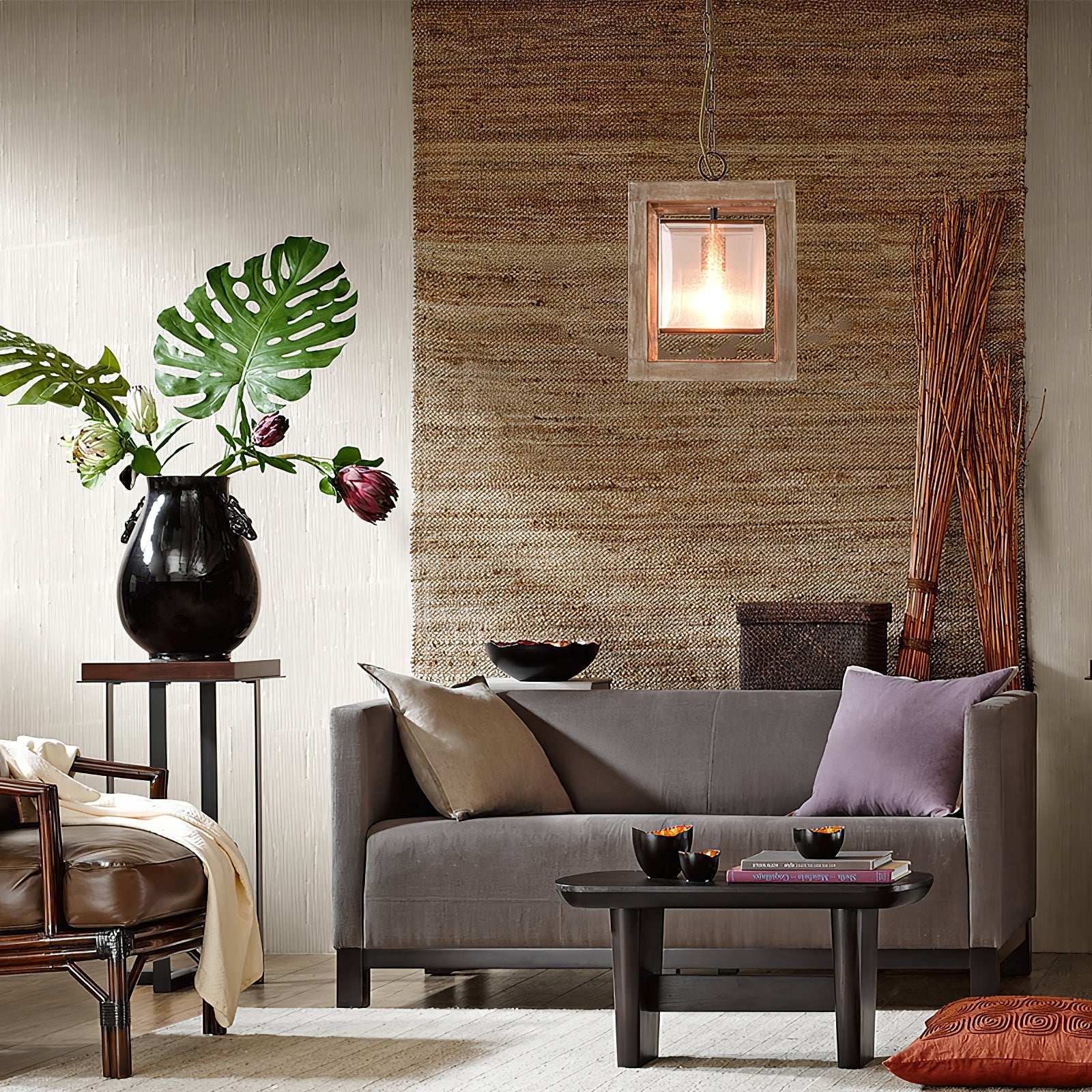 Wooden Globe Pendant Lamp shown from a low angle.