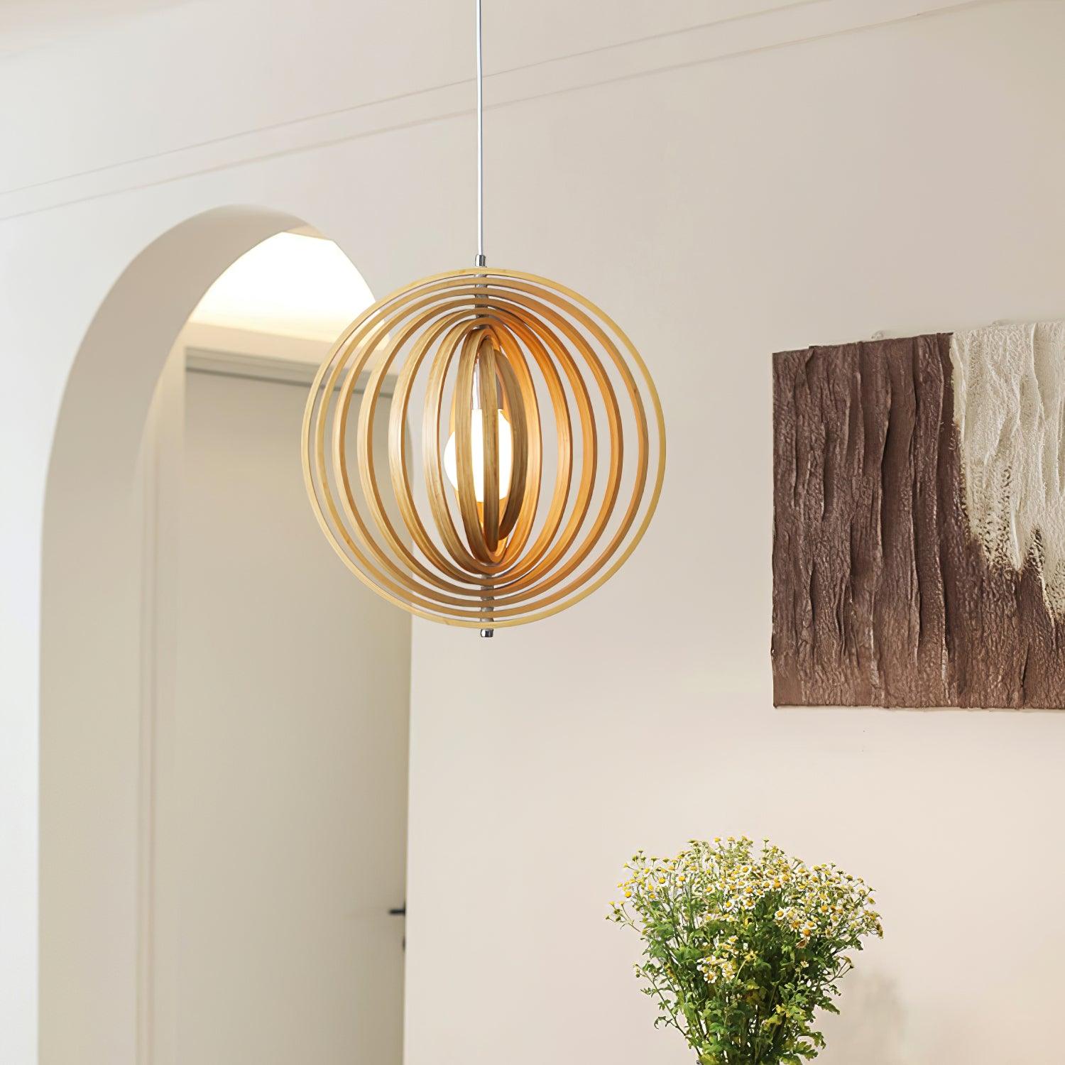 Pendant Lamp Wood Rings Sphere Organic Minimalist Ambient