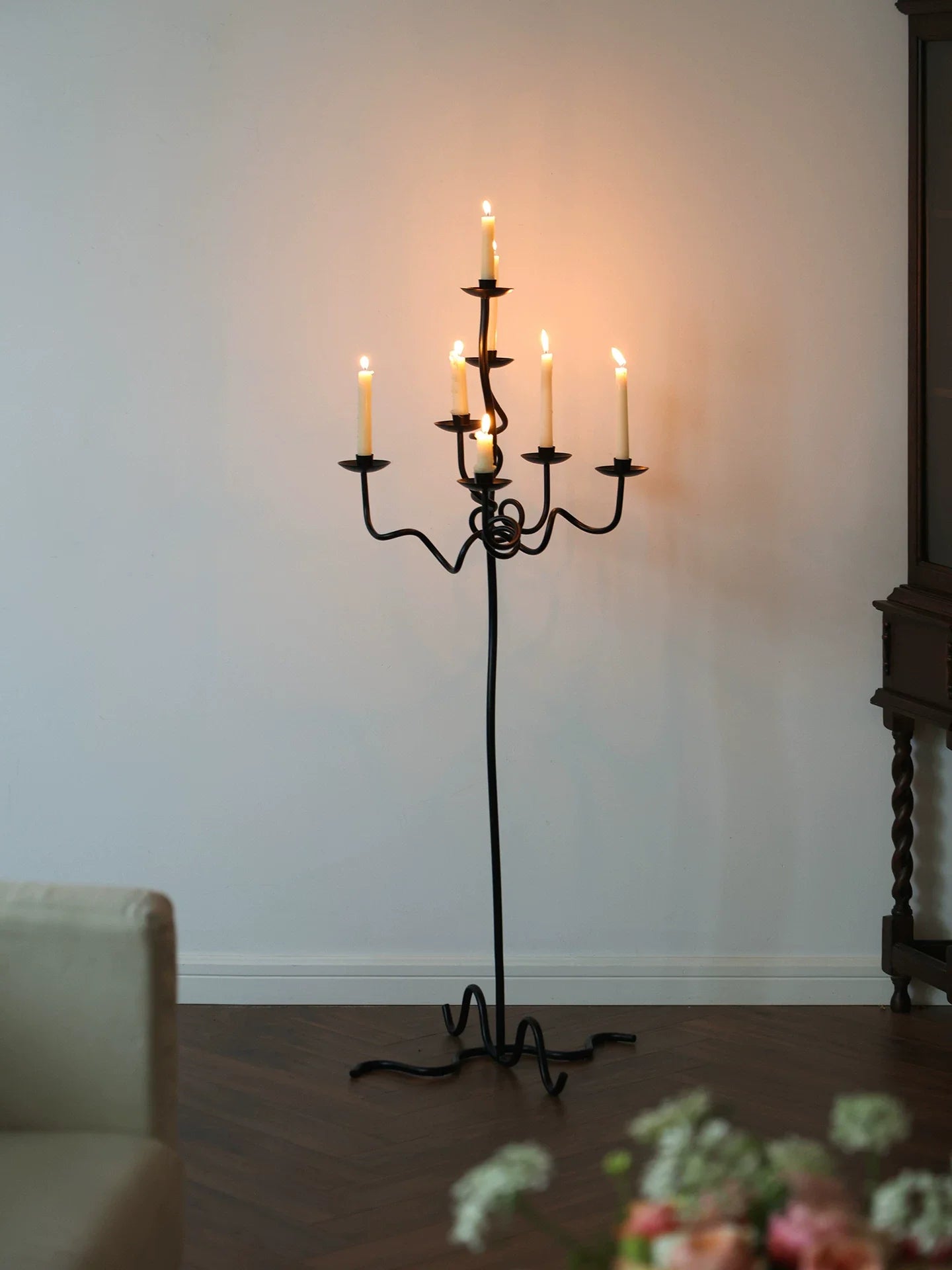Hand Forged Iron Floor Candelabra-Neutral Decor