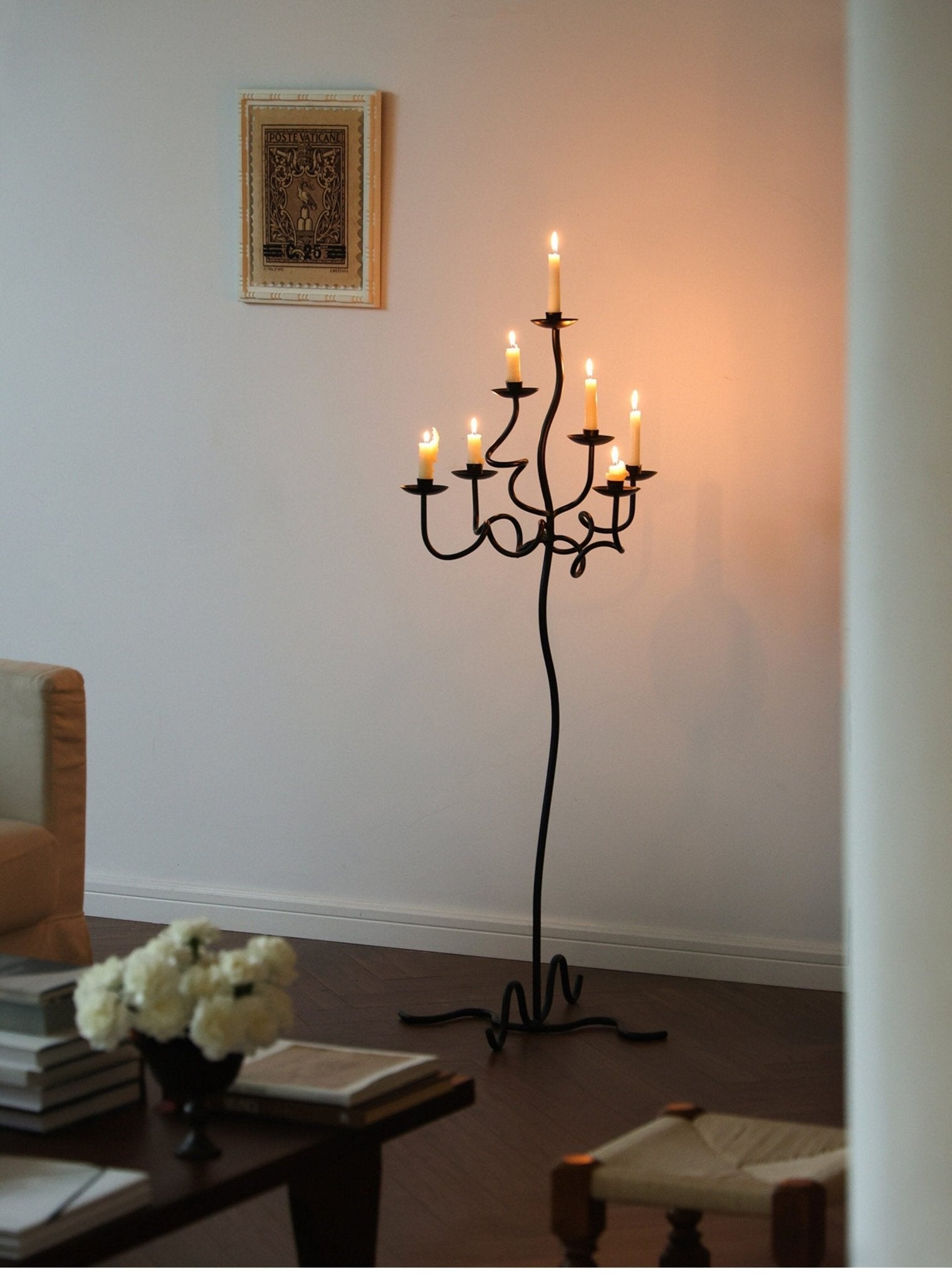 Hand Forged Iron Floor Candelabra-Neutral Decor