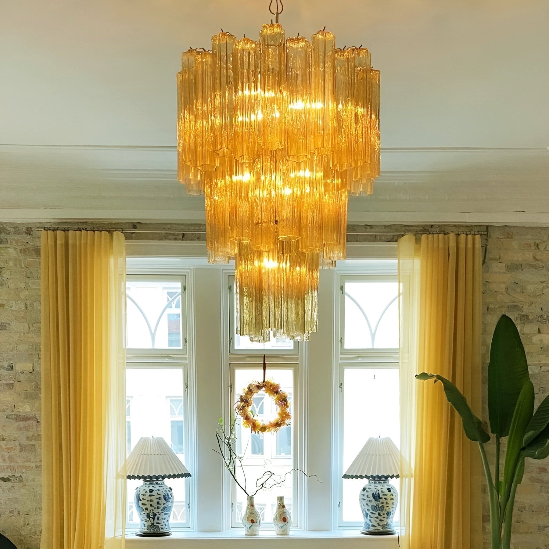 Aurora Chandelier Yellow Glass Tube Tiered Warm-Neutral Decor