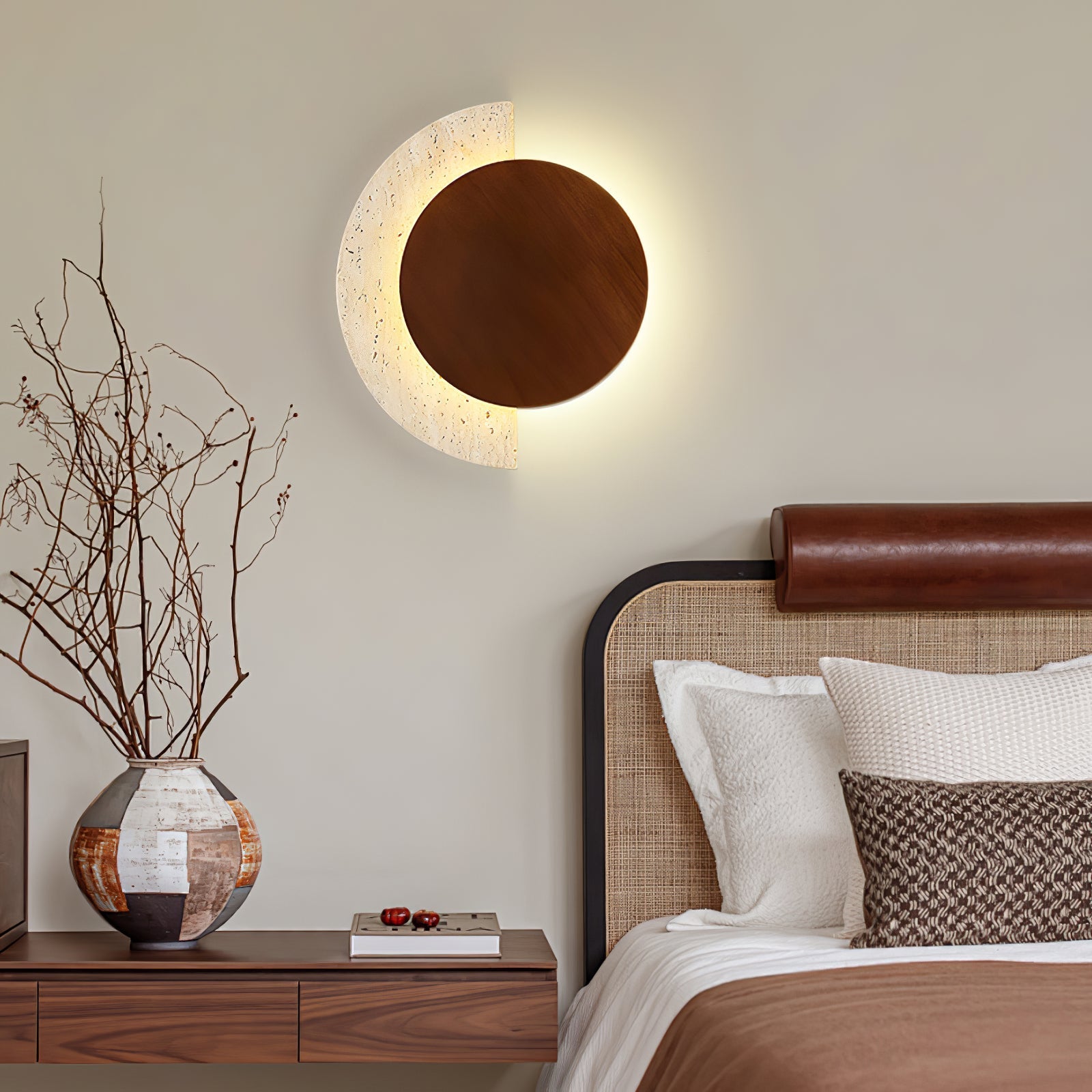 Coraeen Half-Moon Travertine Wall Light-Neutral Decor