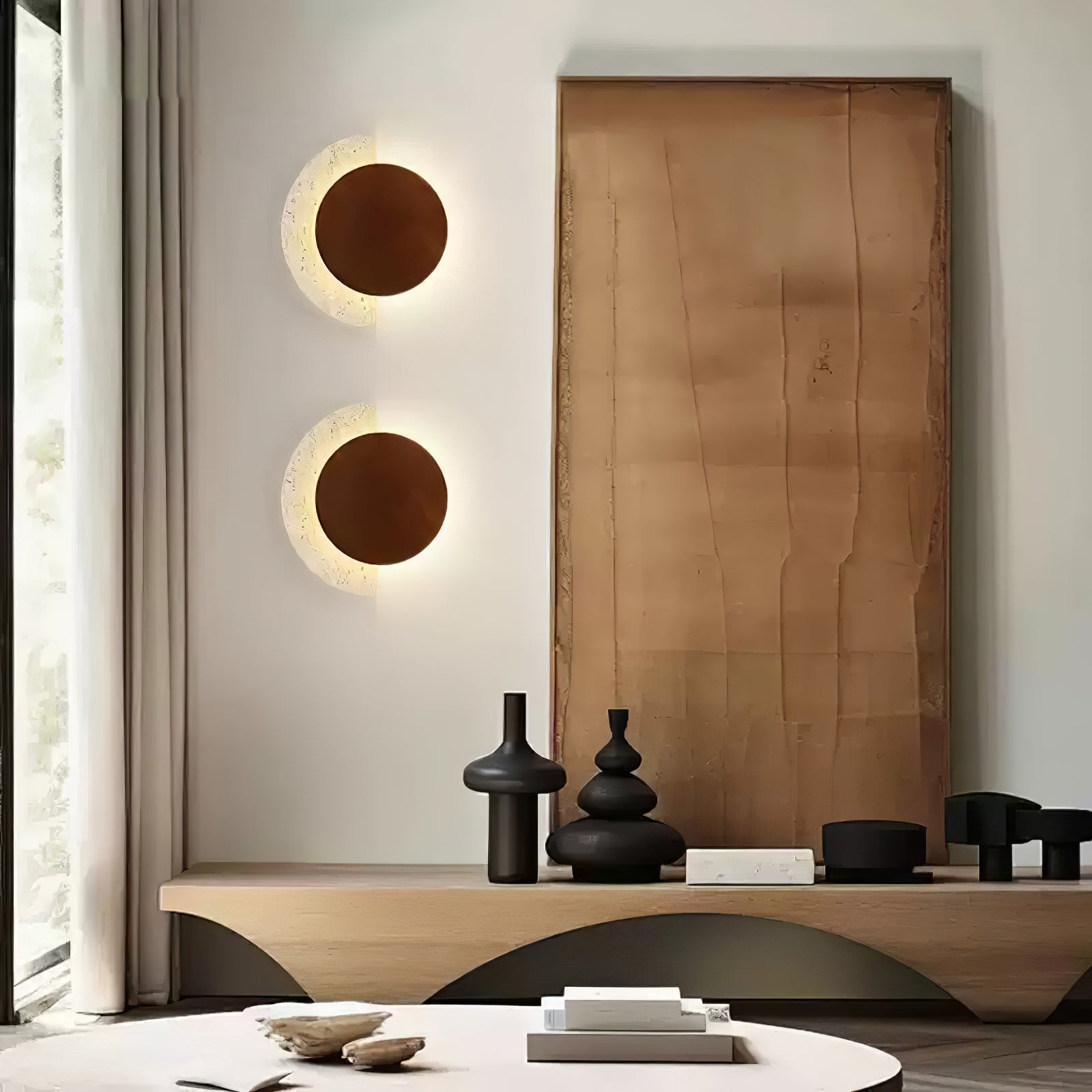 Coraeen Half-Moon Travertine Wall Light-Neutral Decor
