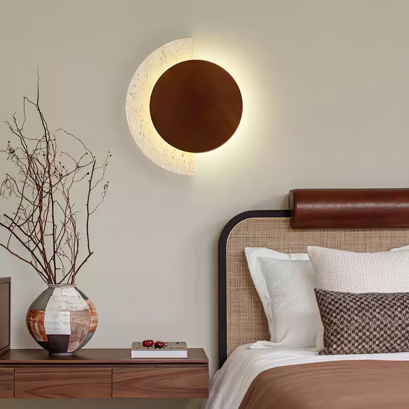 Coraeen Half-Moon Travertine Wall Light-Neutral Decor