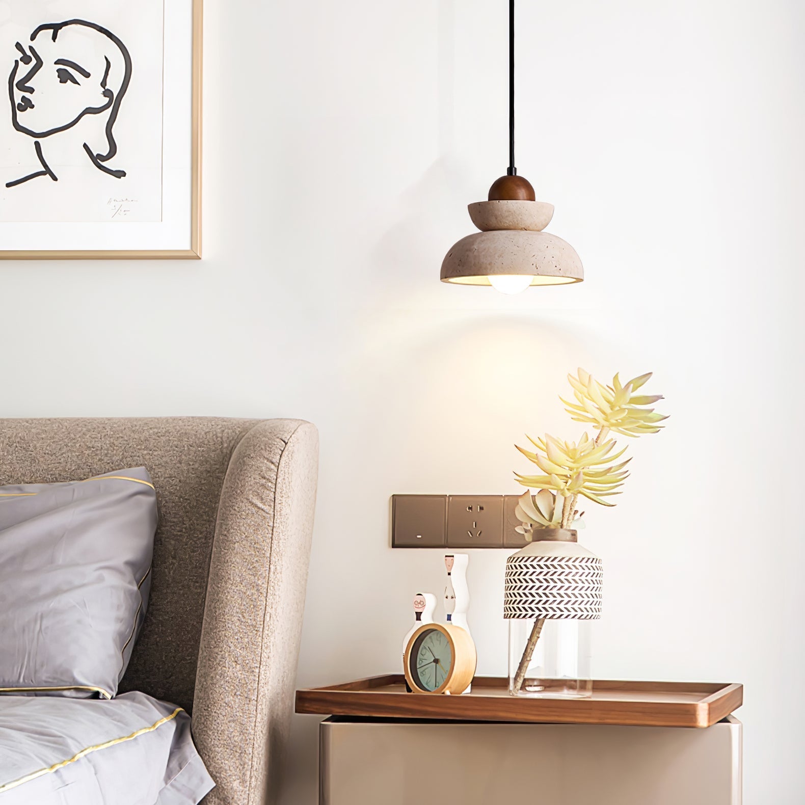Daniel Tiered-Bell Travertine Pendant Light-Neutral Decor