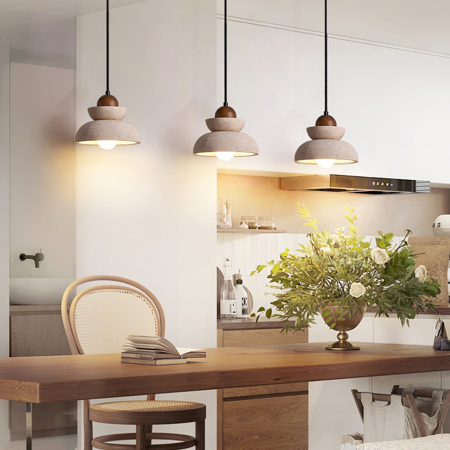 Daniel Tiered-Bell Travertine Pendant Light-Neutral Decor