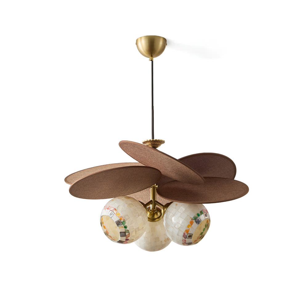 Zinnia Flora Chandelier with brown raffia petals and shell mosaic globes.
