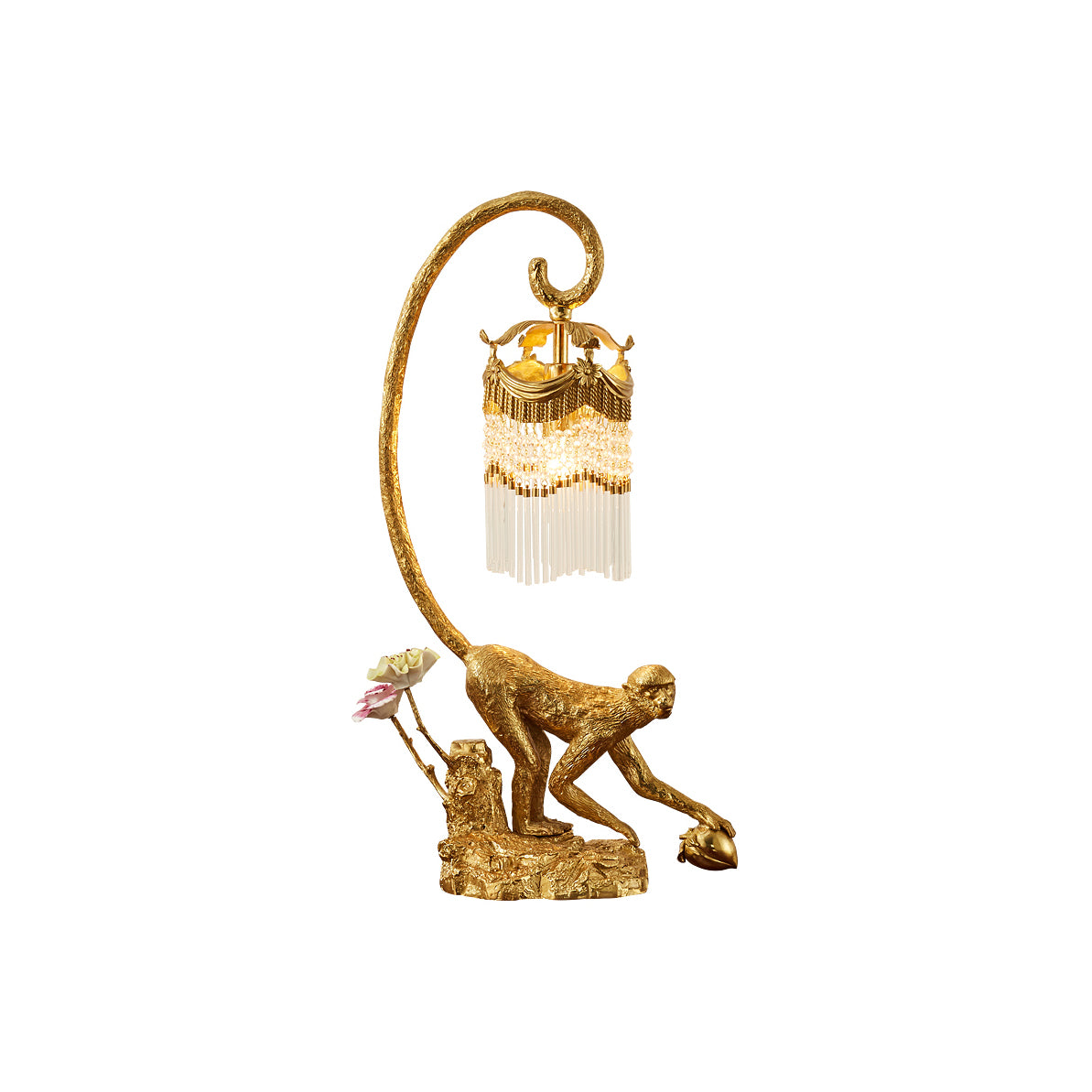 Zira Table Lamp with brass body and crystal accents, front view.